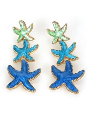 Blue & Green Swirly Enamel Starfish Gold Toned Stud Earrings